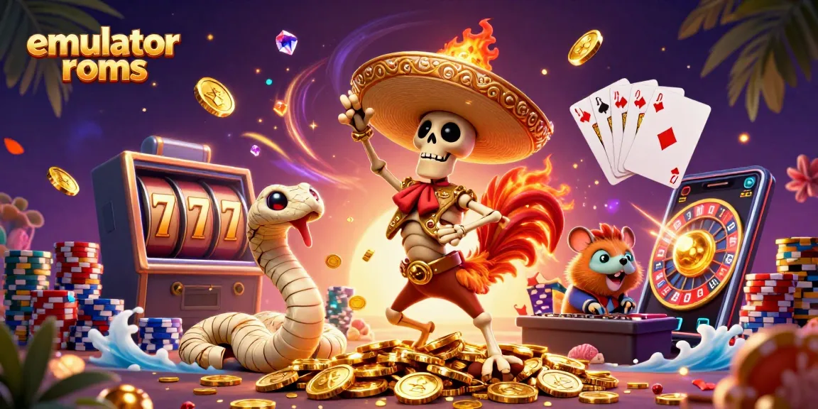 Celebrate with emulator roms as a mariachi rooster dances amid sparkling winnings in a vibrant casino.
