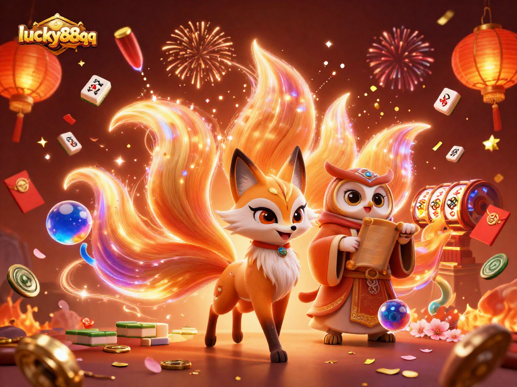 Experience the thrill of lucky88qq with vibrant spirits, casino games, and festive elements in dynamic illustration.
