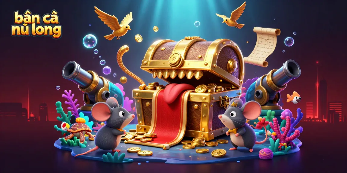 Bắn cá ngũ long showcases a captivating 3D illustration with adventurous mice attracted to a treasure chest in a vibrant underwater setting.