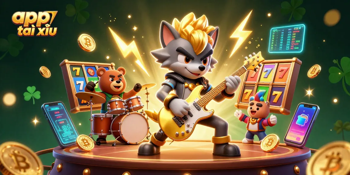 Experience the thrill of app tài xỉu gameplay with a rock star wolf and a drummer bear on a vibrant casino stage.