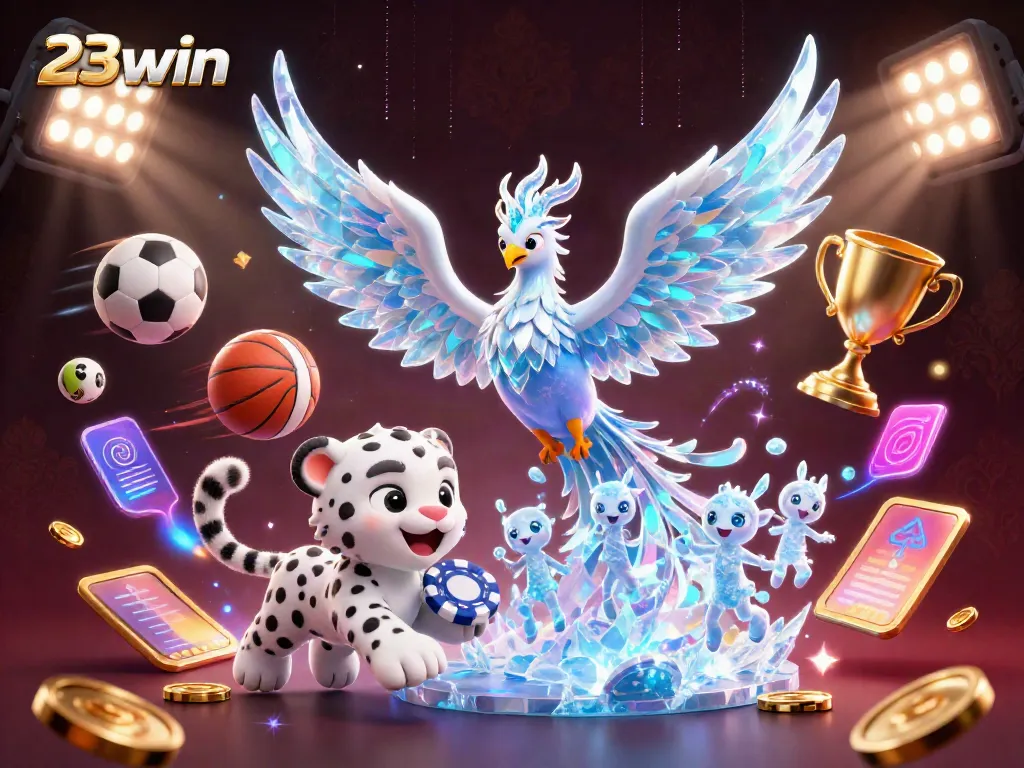 Engage with the exciting world of 23win through a vibrant 3D illustration featuring gaming elements.
