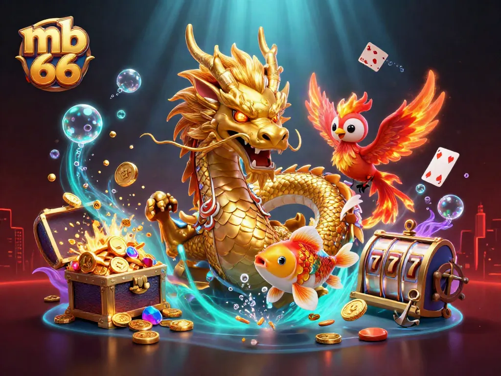 Spin the reels with mb 66 featuring a powerful dragon, phoenix, and koi in a vibrant casino scene.