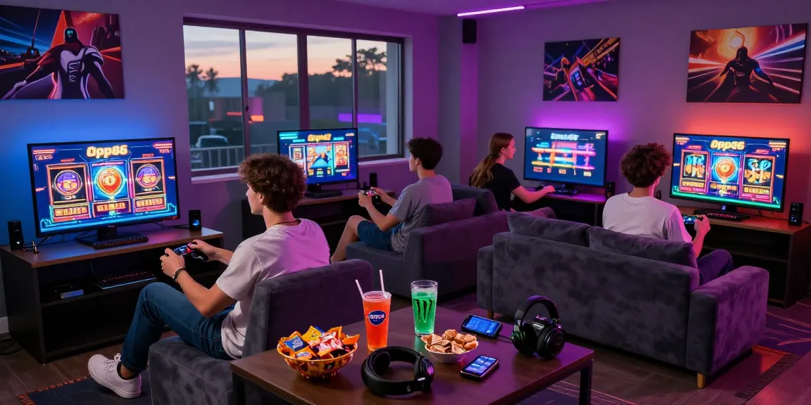 Friends enjoying exciting gaming session on Oppa86 with colorful lights and snacks.