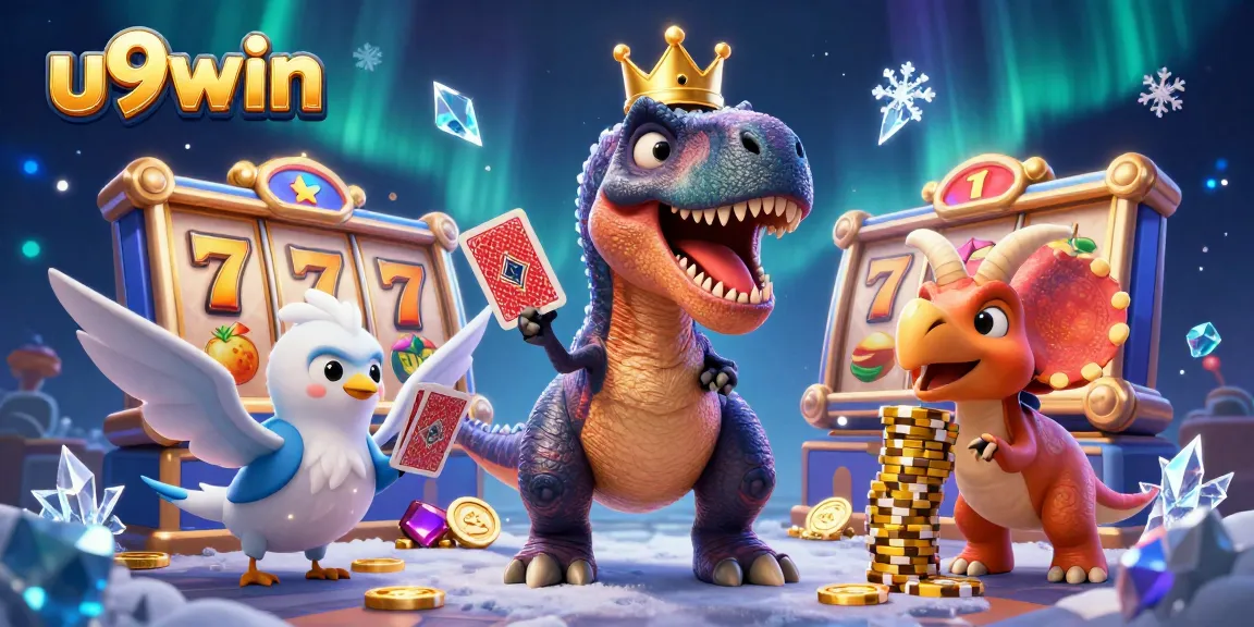 Experience thrilling games at u9win with friendly cartoon dinosaurs playing slots and stacking chips.