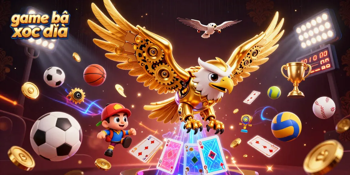 Experience the thrill of game bài xóc đĩa in this dynamic 3D illustration featuring a golden eagle amid holographic action.