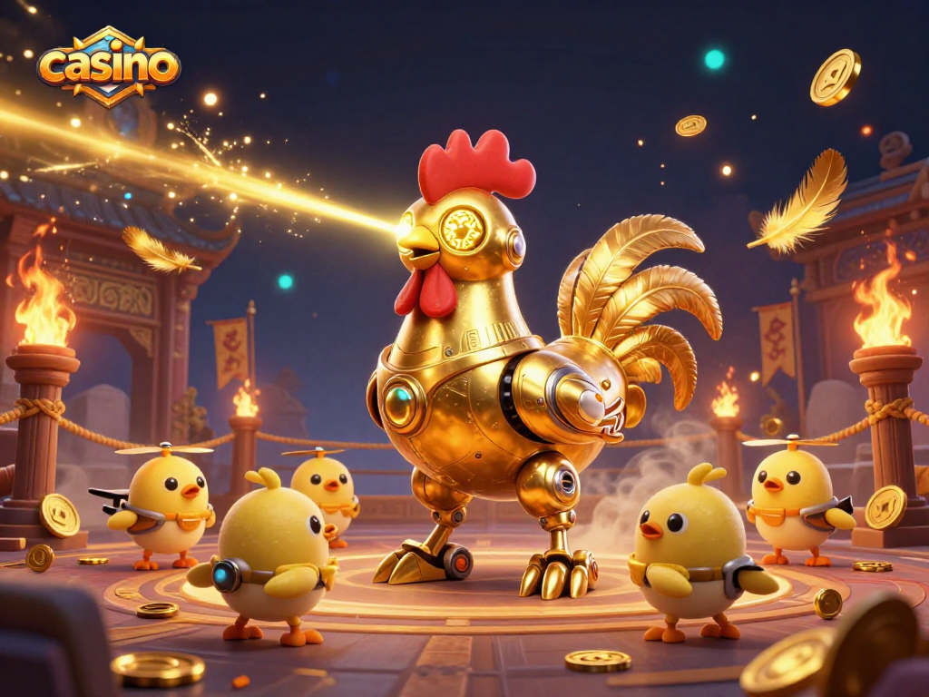 Engage in thrilling casino adventures with the golden rooster robot surrounded by immersive gaming elements.