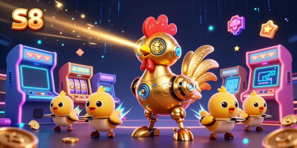 Engage with S8-themed casino thrills through a vibrant 3D illustration featuring a golden rooster robot and baby chick drones.