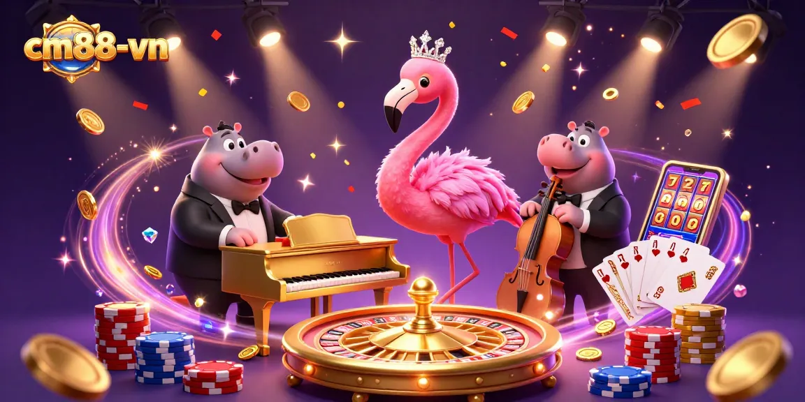 A dynamic casino scene featuring the cm88-vn lounge singer flamingo and hippo bassist amidst golden coins and vibrant elements.