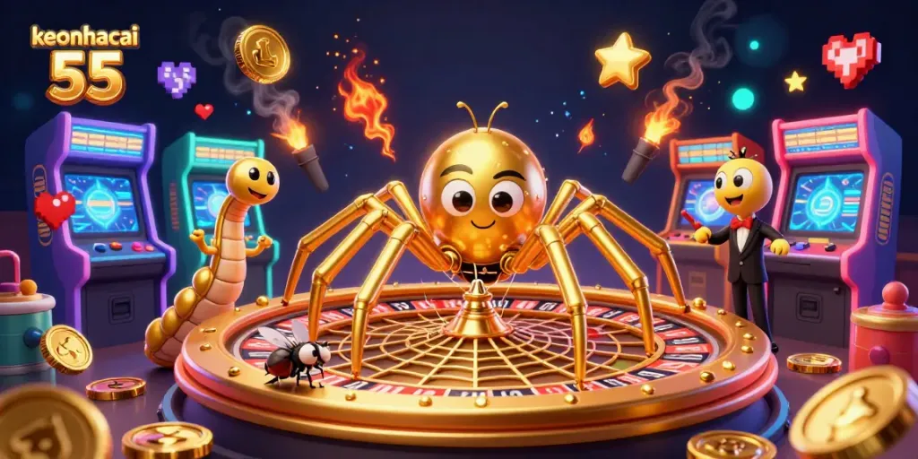 Experience the excitement of keonhacai 55 as a spider spins a roulette web in a vibrant casino scene.