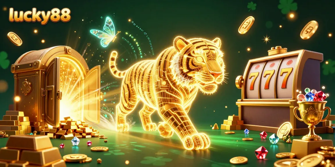 Join the excitement at lucky88 with a neon golden tiger in a vibrant casino scene filled with treasure.