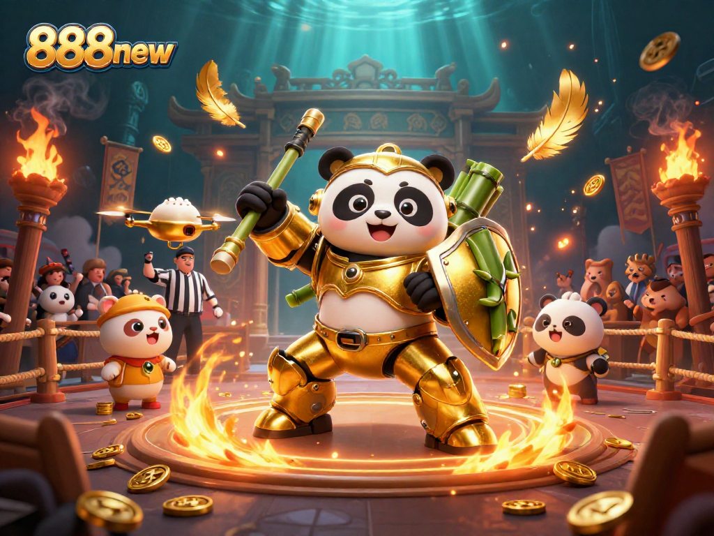 Experience excitement at 888new with a golden panda fighting robot amidst casino energy.