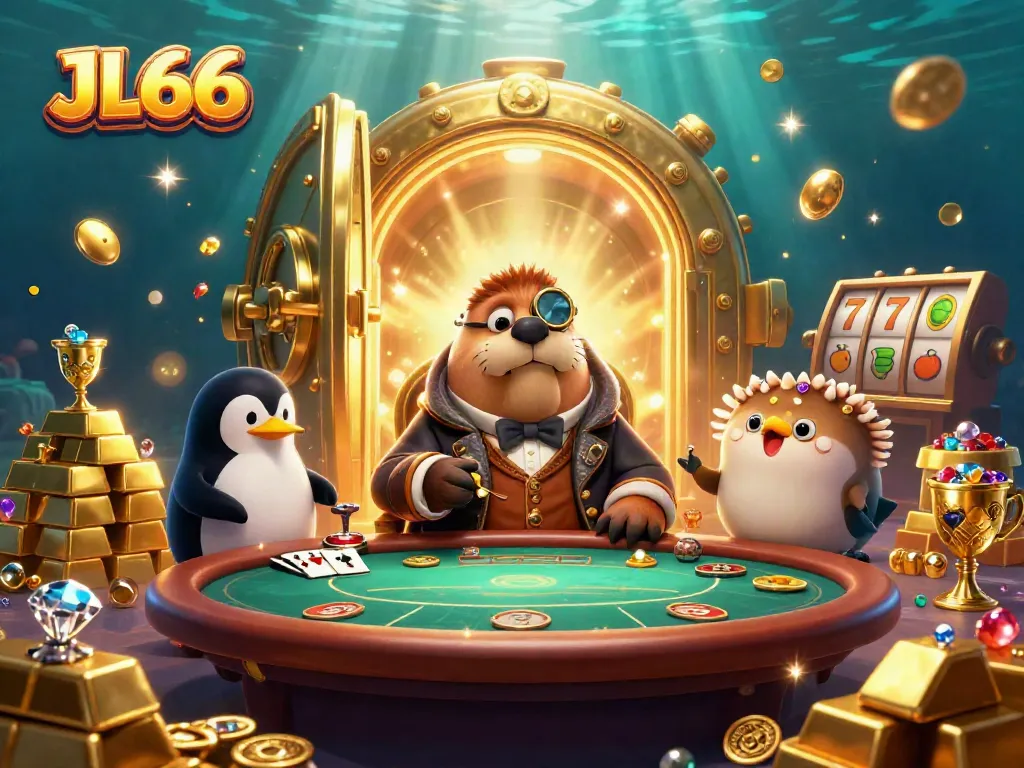 Experience thrilling slots and games at JL66 with a jolly walrus and friends at a vibrant underwater casino.