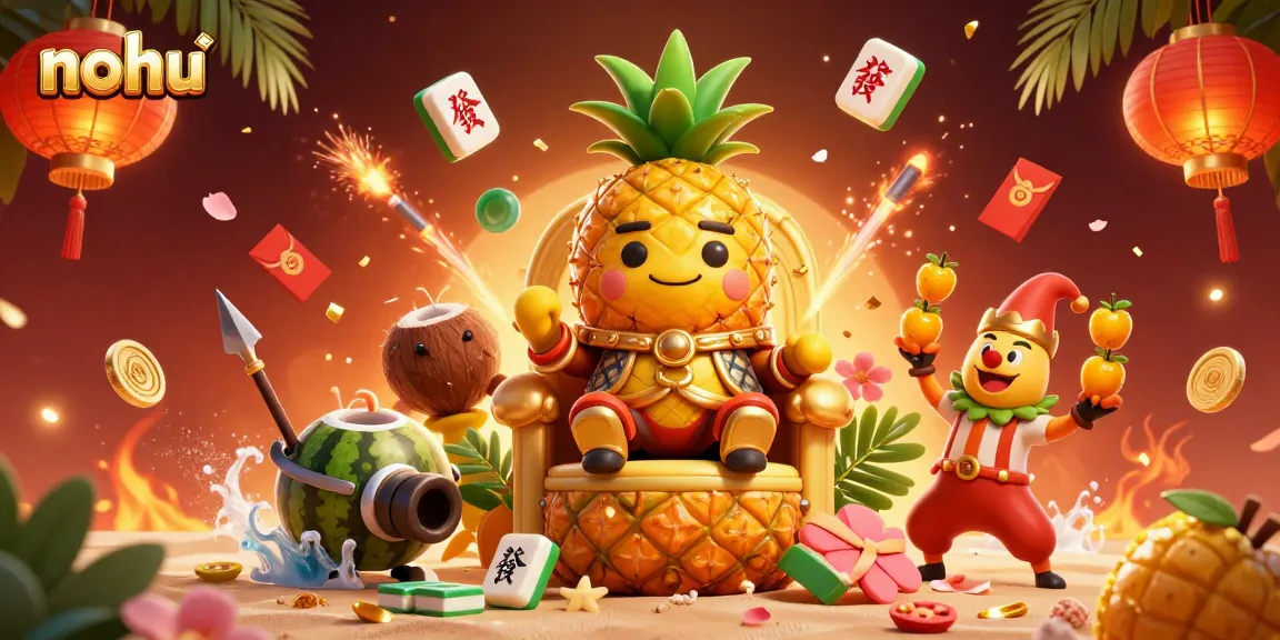 Engage with nohu; a vivid casino scene featuring a golden pineapple king, intricate mahjong tiles, and festive decorations.