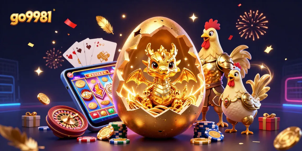 Experience go9981 with a vibrant 3D illustration of a golden dragon among poker chips and casino elements.