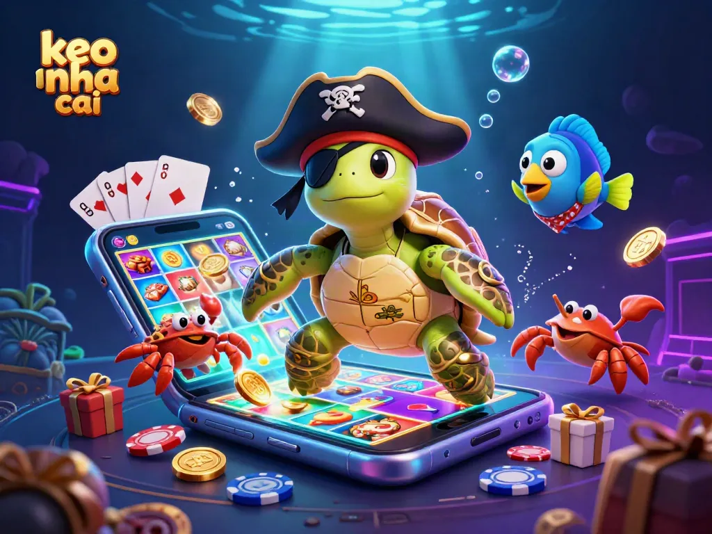 Engage in daring bets with keo nha cai illustrations featuring a pirate turtle and treasure