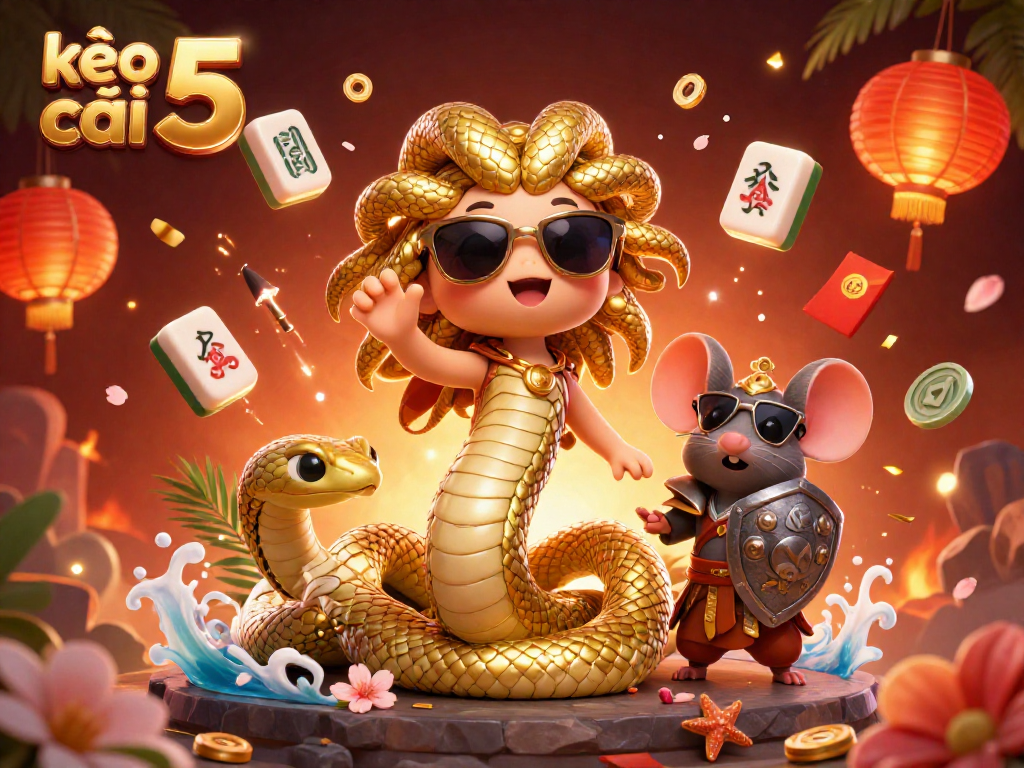 Experience kèo nhà cái 5 with a vibrant 3D illustration of Medusa, a mouse warrior, and casino elements.