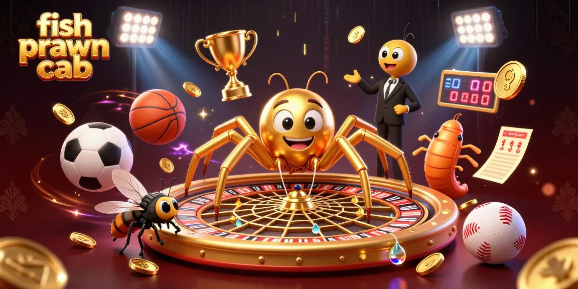 Place bets with fish prawn crab amidst a lively casino scene with a spider and centipede.