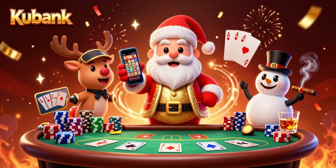 Kubank Santa celebrates jackpot wins amidst vibrant casino elements, showcasing excitement and fortune.
