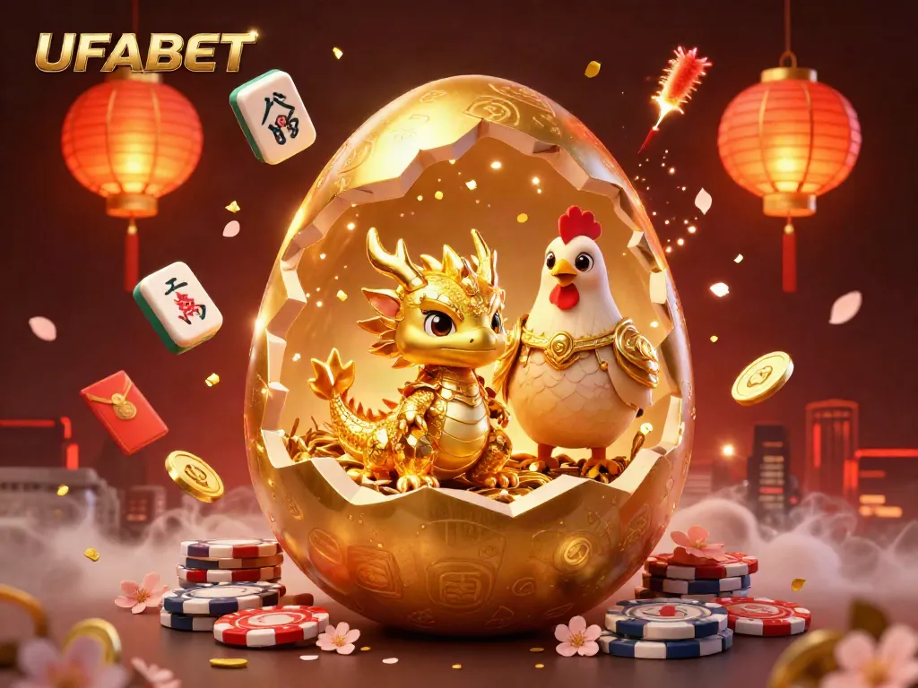 Experience UFABET's rich online gaming ambiance with a golden dragon on poker chips, surrounded by festive elements.