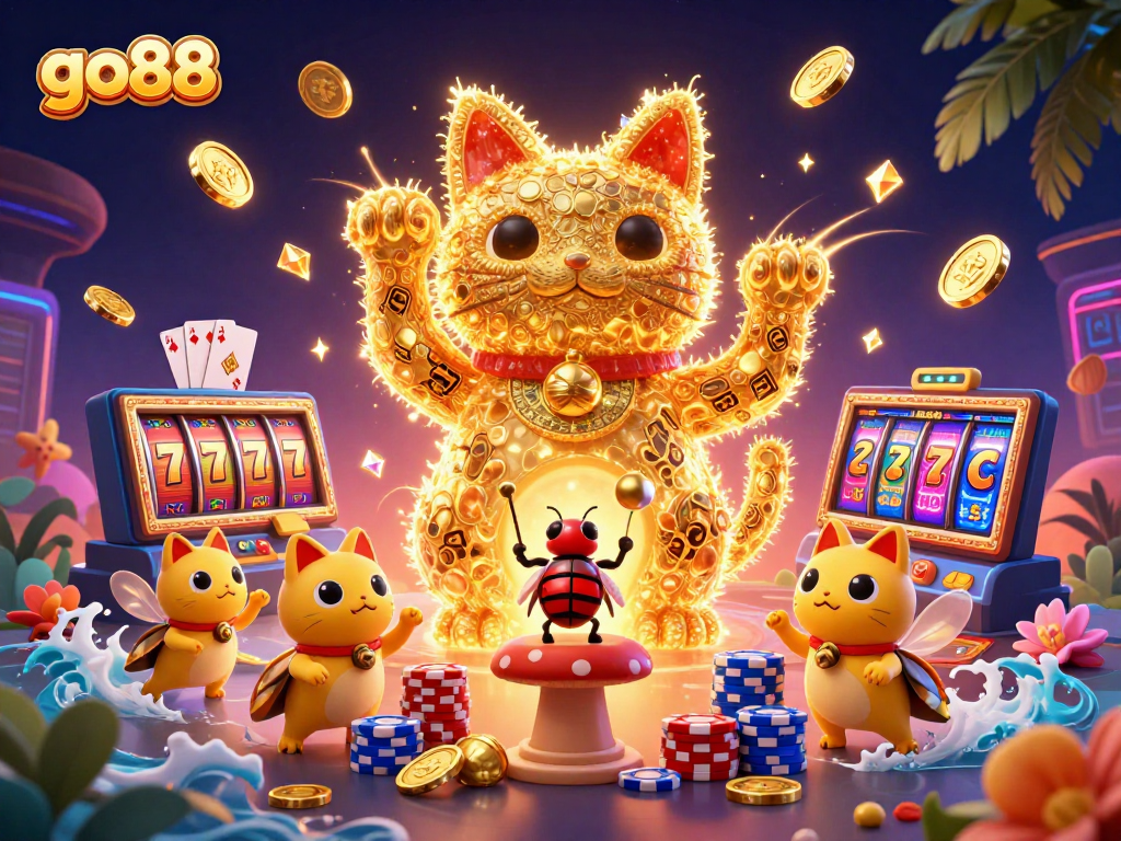 Experience the excitement of go88 with vibrant 3D illustrations showcasing casino symbols and lucky elements.