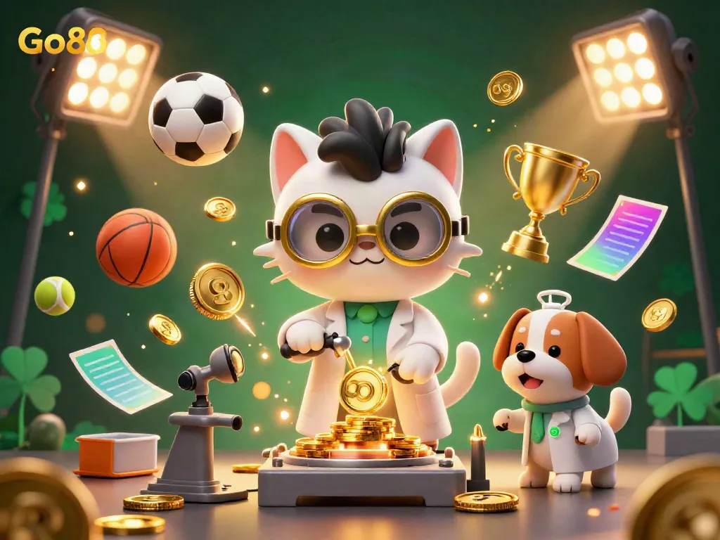 Experience the excitement of Go88 with a lively gambling scene featuring a mad scientist cat and lab assistant creating gold coins.