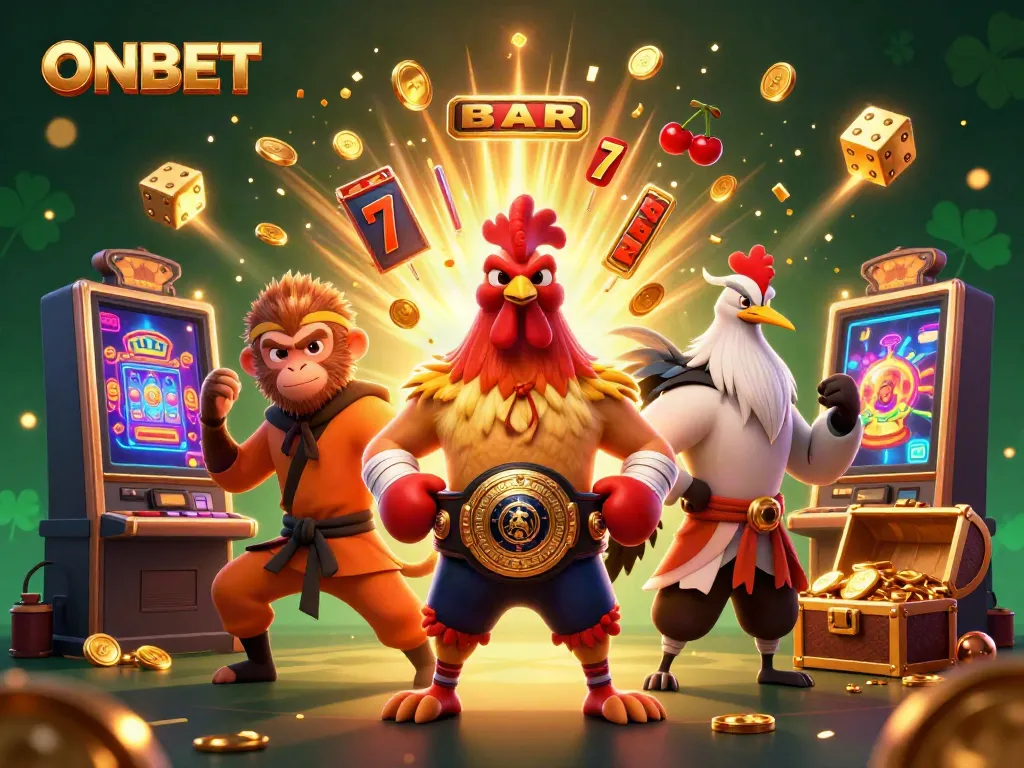 Experience the thrill of ONBET with vibrant characters and exciting casino elements in a dynamic scene.