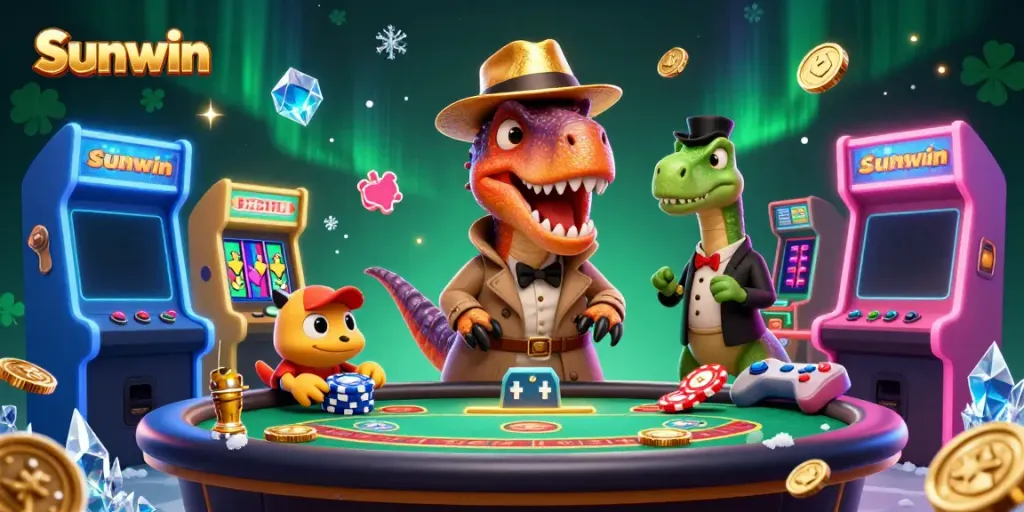 Experience thrilling gaming action at Sunwin with a velociraptor card counter and dynamic casino elements.