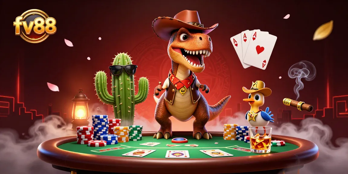 Experience thrilling poker action at fv88 with cartoon characters playing cards and surrounded by chips.