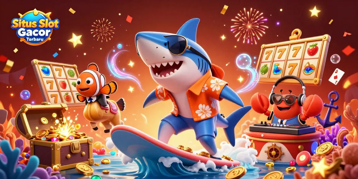 Situs Slot Gacor Terbaru showcases an exciting scene with a shark surfing on gold coins amidst slot reels and colorful gems.