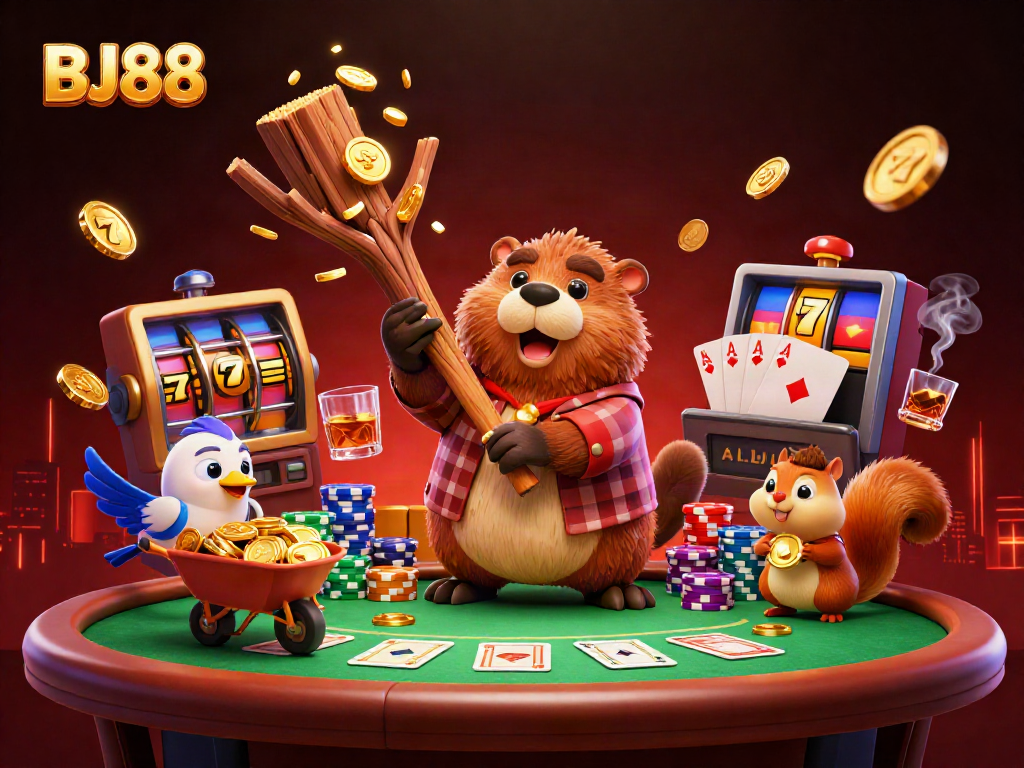 Engage with the fun world of BJ88, where a playful beaver and friends enjoy poker games amidst raining golden coins.
