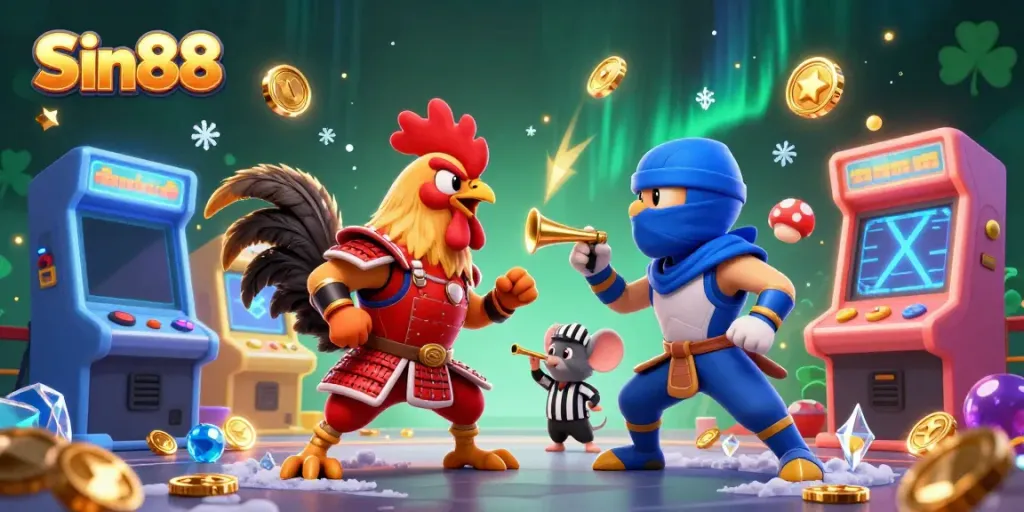 Experience Sin88's thrilling gaming atmosphere with fighting roosters and arcade elements.