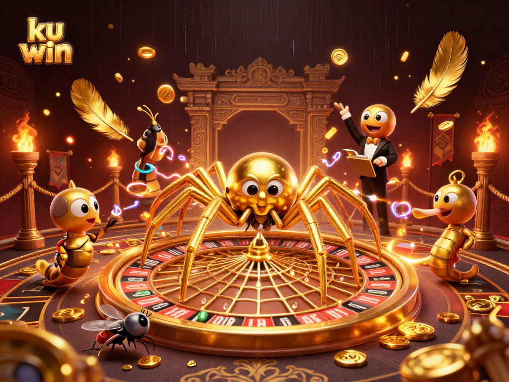 Place bets with ku win at an exciting casino-themed scene featuring a golden spider