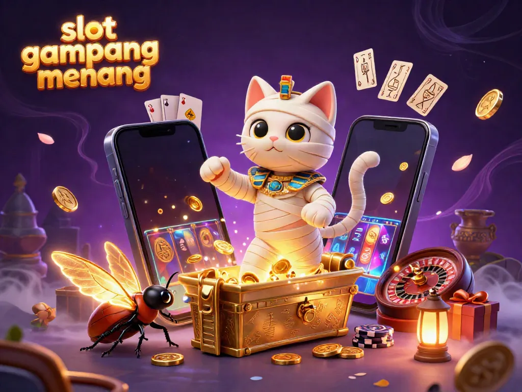 Spin to win with slot gampang menang in a vibrant pyramid casino scene featuring Egyptian cat and golden symbols.