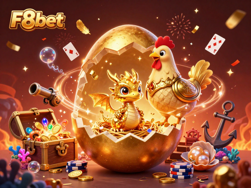 Join the excitement at F8bet with a golden dragon revealing poker chips and treasures!