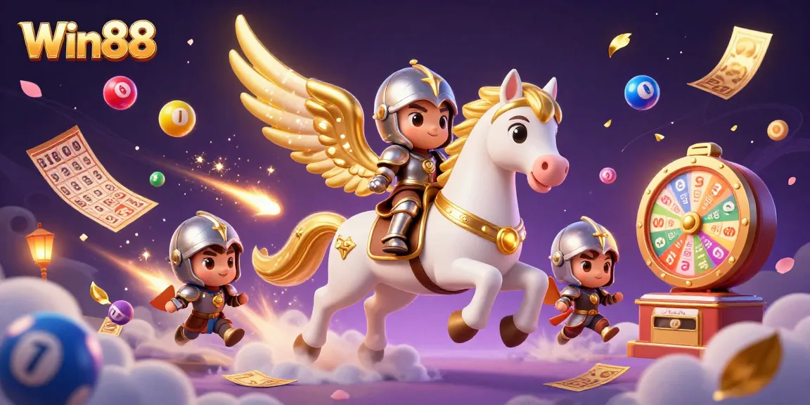 Win88 - Experience thrilling luck with colorful lottery elements and a magical horse in this vibrant casino scene.
