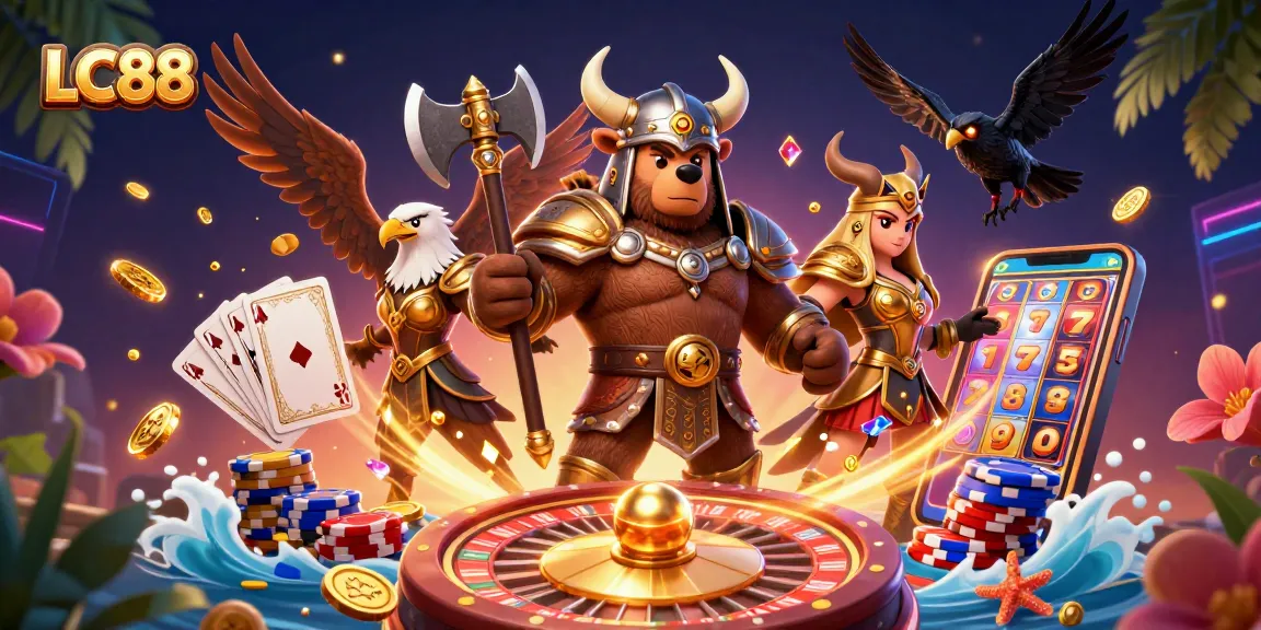 Engage with LC88's exciting gaming atmosphere featuring vibrant characters and dynamic casino elements.