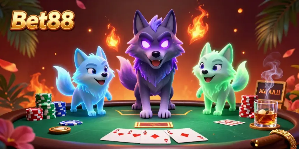 Experience Bet88's lively casino atmosphere with ghostly wolves and vibrant poker elements.
