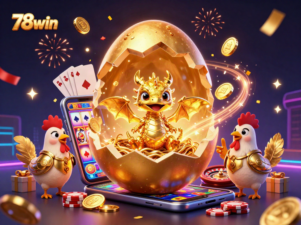Join the excitement with 78win as a golden dragon emerges from a nest of poker chips.