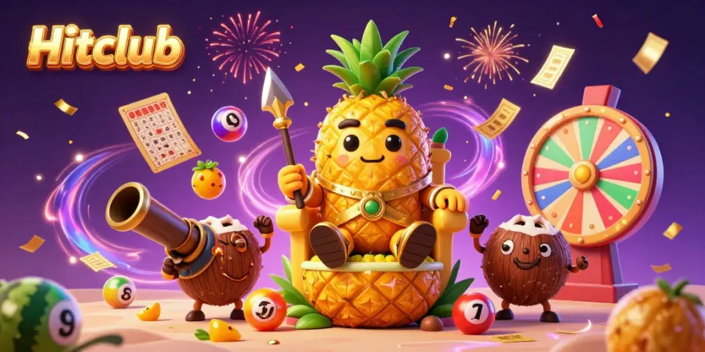 Experience the vibrant Hitclub casino scene with a golden pineapple king and lottery elements.