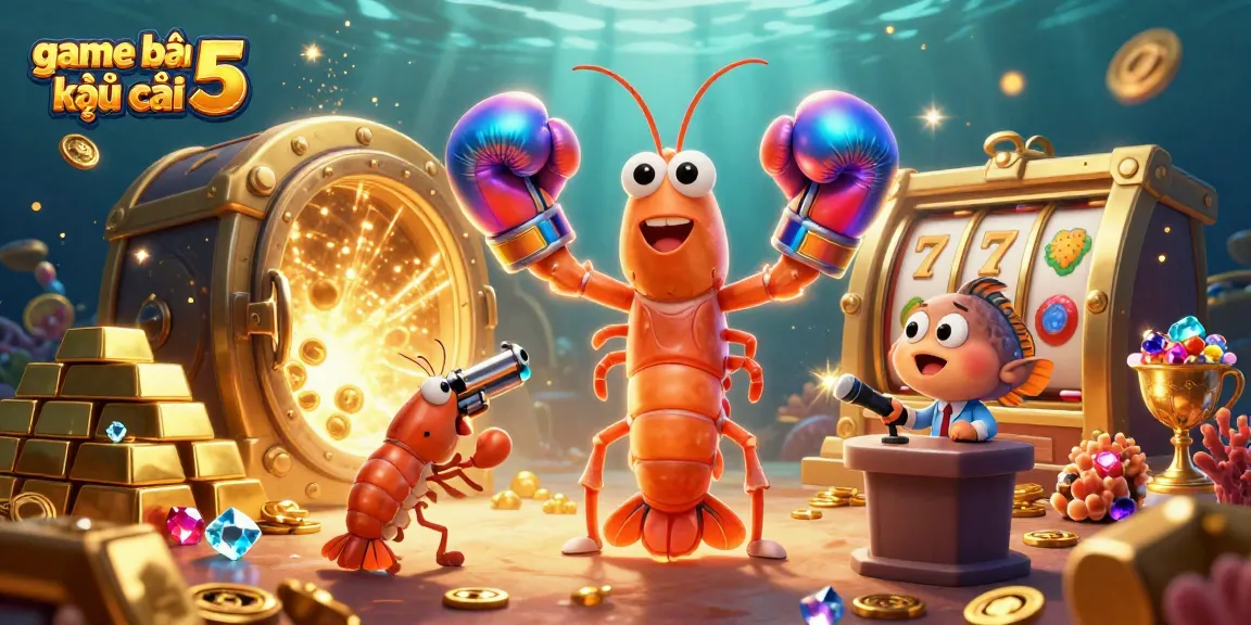 Engage with game bài kèo nhà cái 5 in this vibrant casino scene with animated shrimp characters and glittering treasures.
