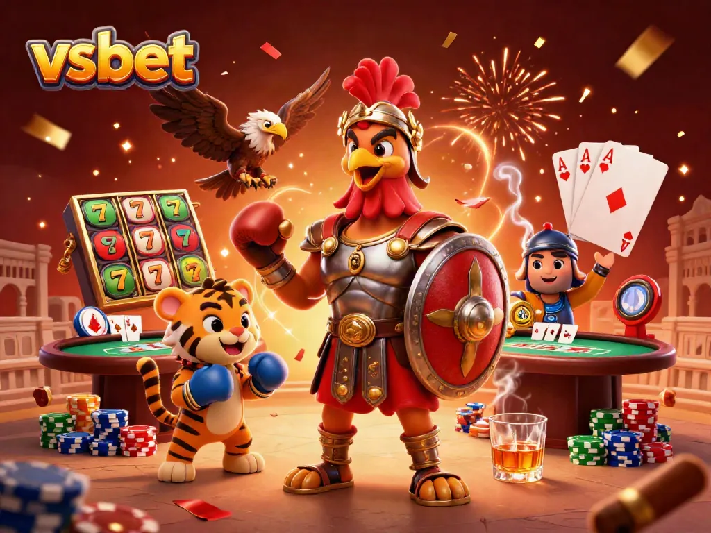 Experience the excitement of vsbet with a 3D scene featuring a gladiator rooster in a vivid casino setting.