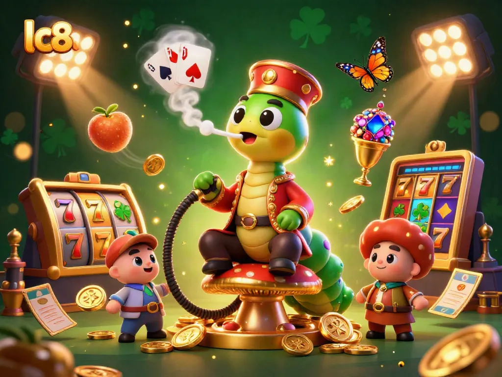 Engage with exciting casino opportunities at lc88, showcasing a vibrant scene of slot machines and a whimsical caterpillar character.