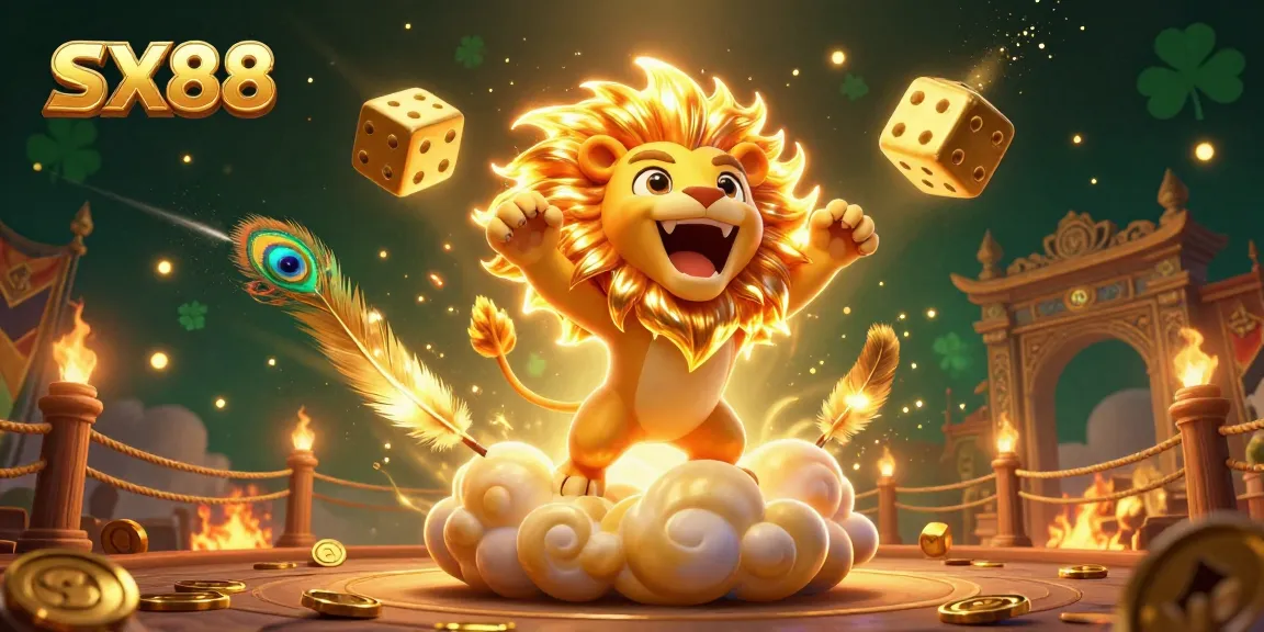 SX88 offers thrilling gambling experiences with a cartoon lion and golden dice in a vibrant casino scene.