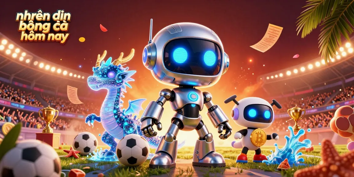 Engage with nhận định bóng đá hôm nay, illustrated by a dynamic 3D robot, holographic dragon, and drone, surrounded by sports betting elements.