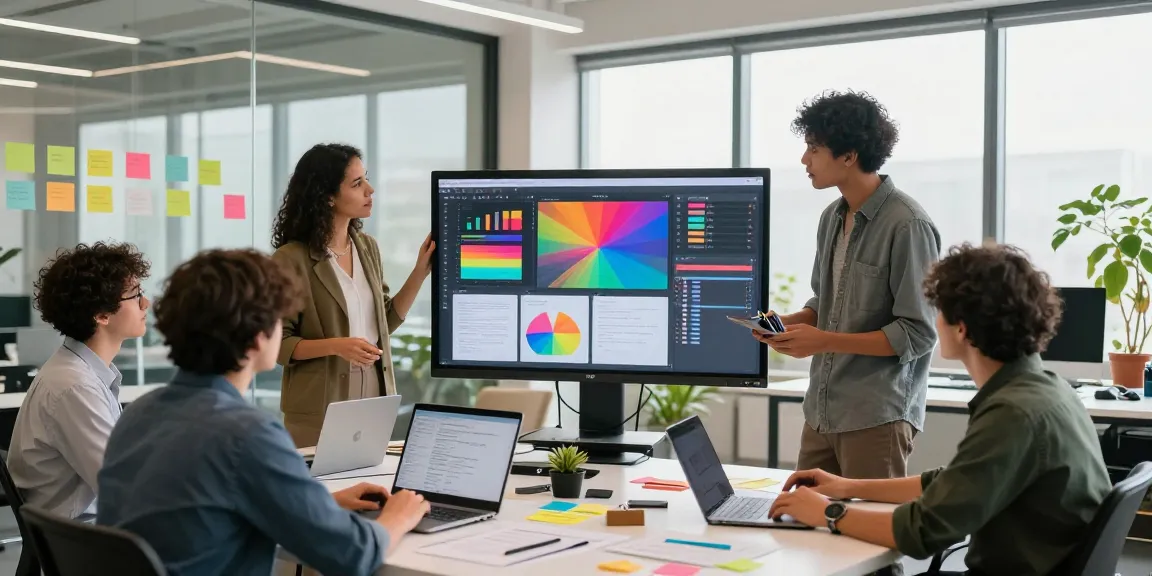 Team brainstorming on a digital mix board in a modern workspace with vibrant templates.