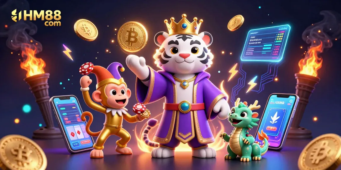 Engage in winning strategies at HM88 com with a vibrant 3D casino scene showcasing exciting gambling elements.