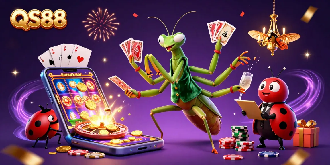 Engage with the thrilling world of QS88 as a giant mantis deals cards amidst a festive casino scene