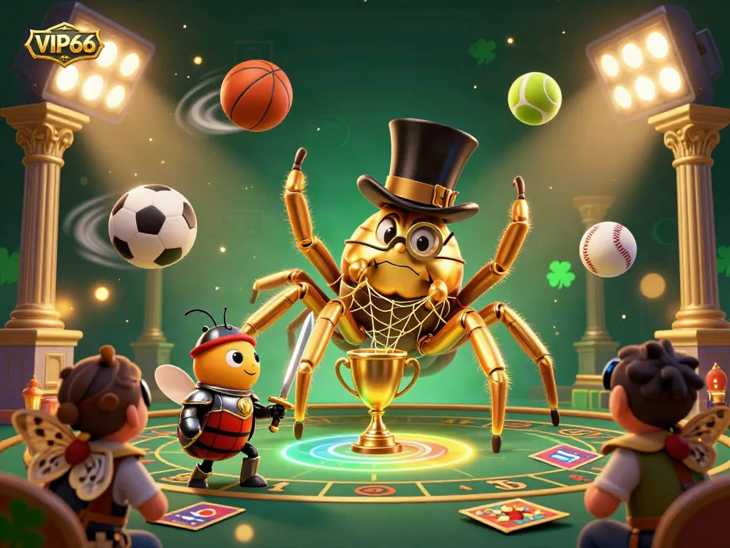 Bet on VIP66 in a vibrant 3D casino scene showcasing an animated golden tarantula, brave beetle knight, and dynamic game elements.