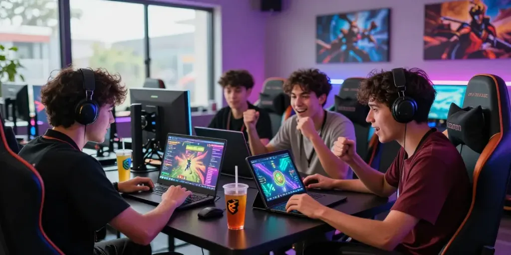 Engaged players enjoying HITCLUB games in a modern gaming lounge.