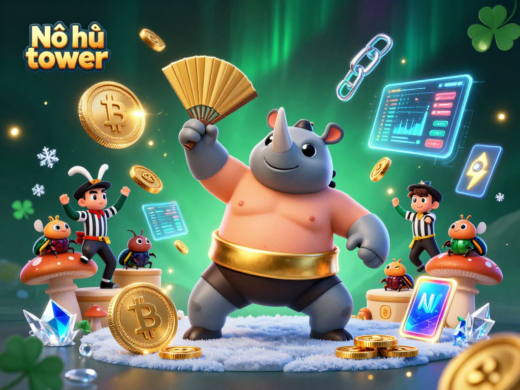 Win big with Nổ hũ tower in this colorful scene of cartoon champions and gold!